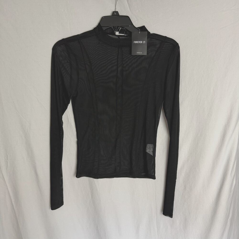 NWT Forever 21 Mesh Long Sleeve Shirt High Neck Black M